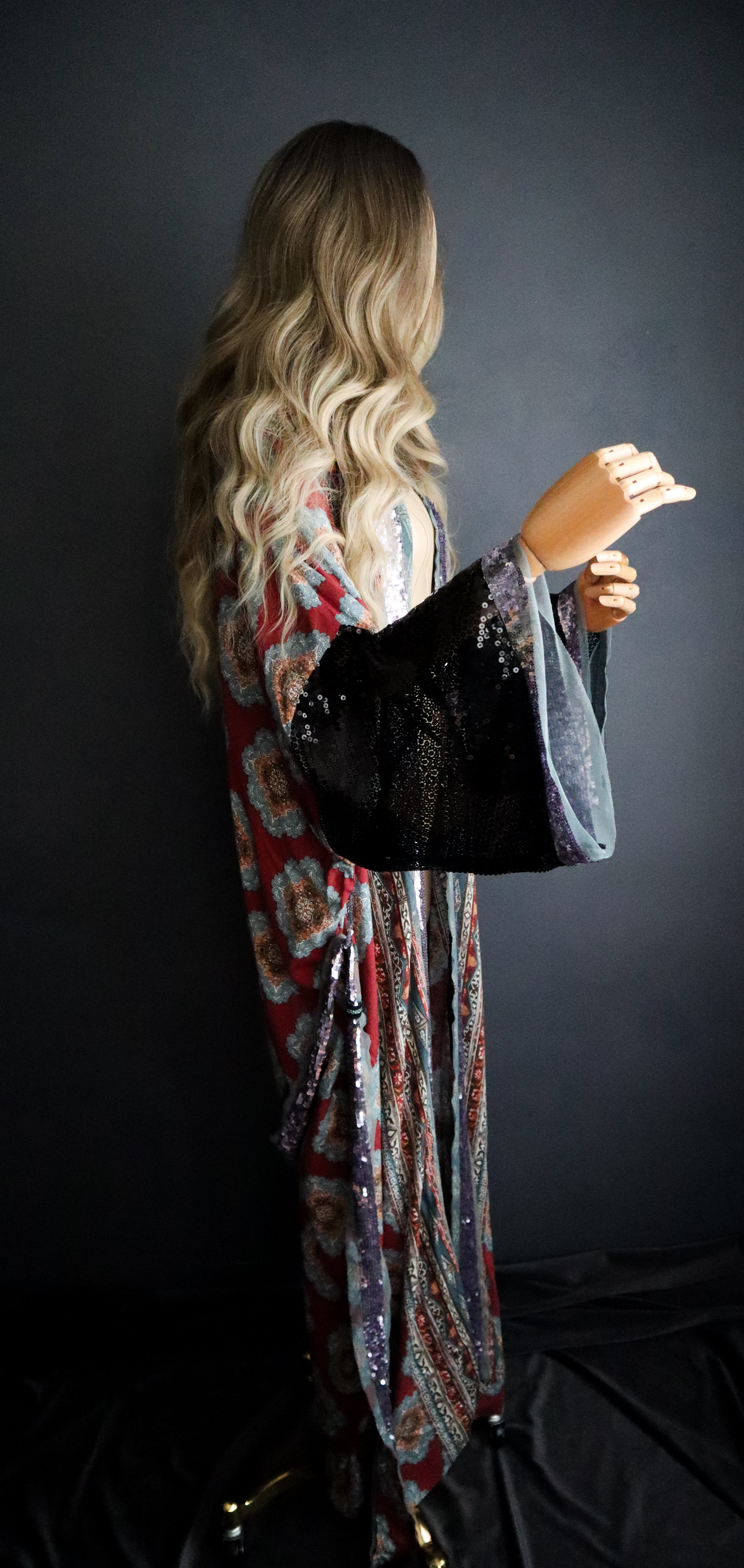 MOROCCAN RAYON KIMONO W/ BLACK SEQUIN SLEEVES