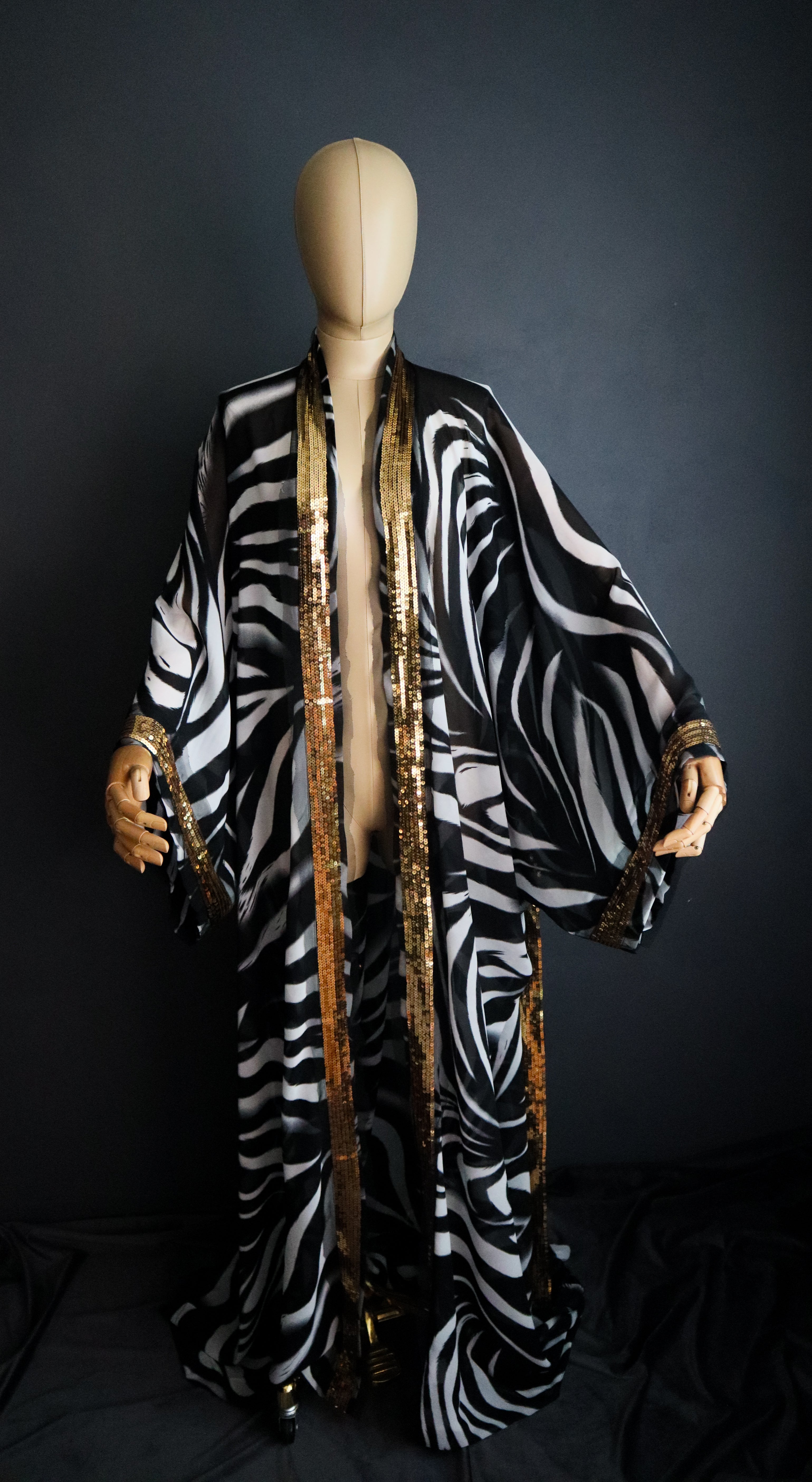 ZEBRA MESH KIMONO W/ GOLD SEQUIN TRIM