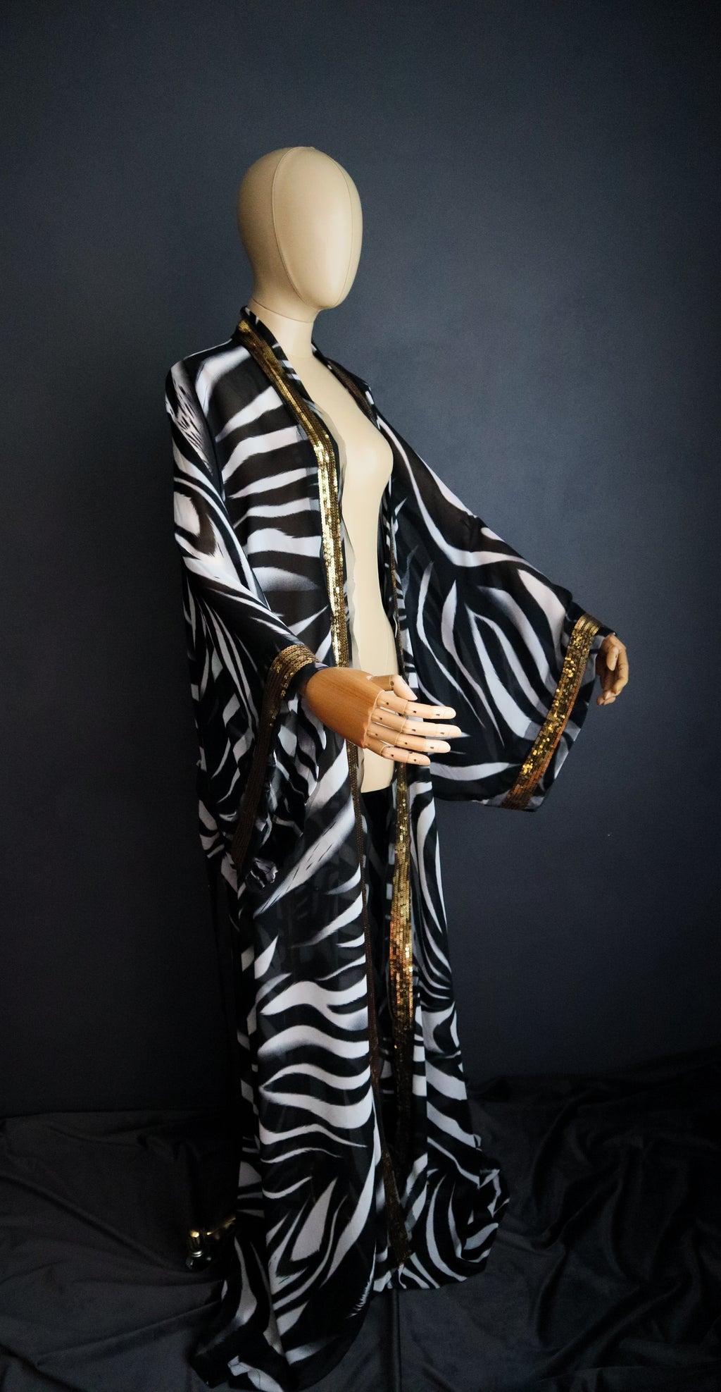 ZEBRA MESH KIMONO W/ GOLD SEQUIN TRIM