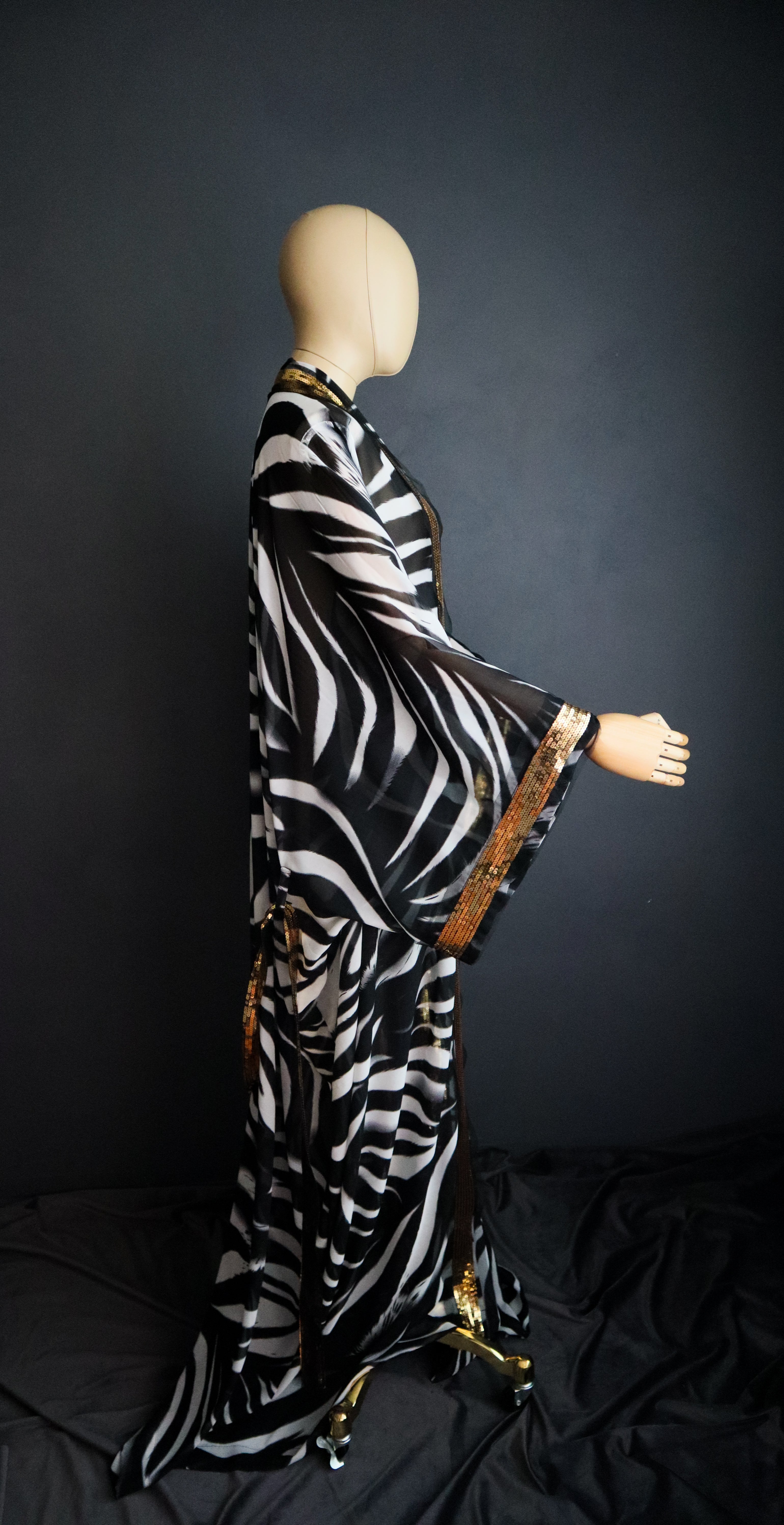 ZEBRA MESH KIMONO W/ GOLD SEQUIN TRIM