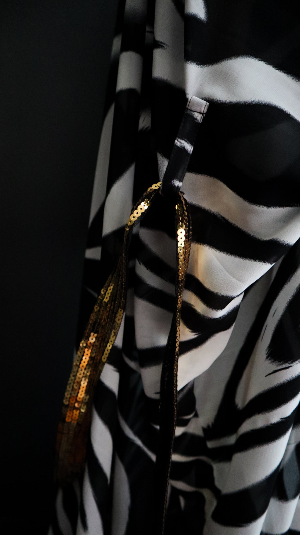ZEBRA MESH KIMONO W/ GOLD SEQUIN TRIM