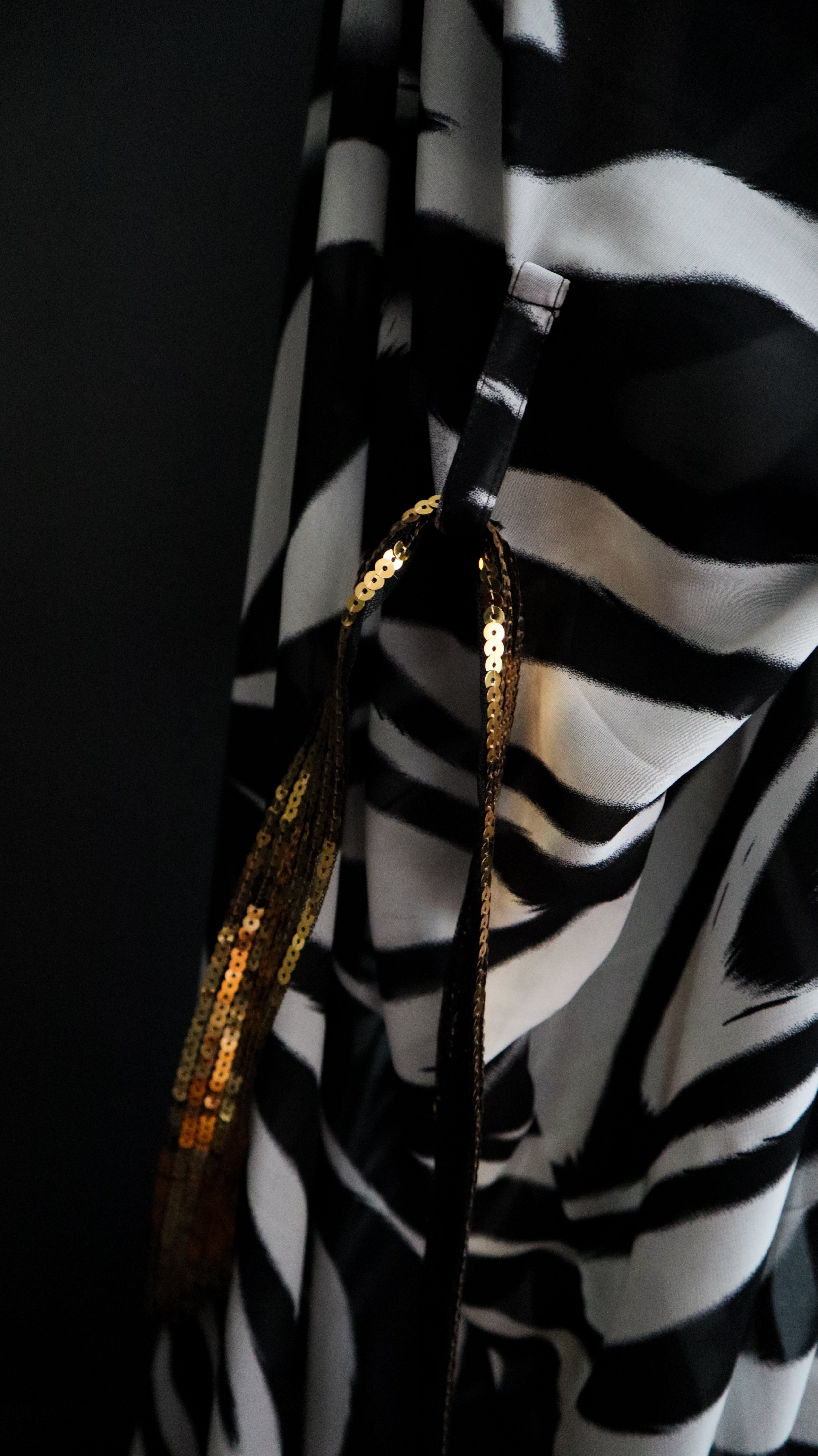 ZEBRA MESH KIMONO W/ GOLD SEQUIN TRIM