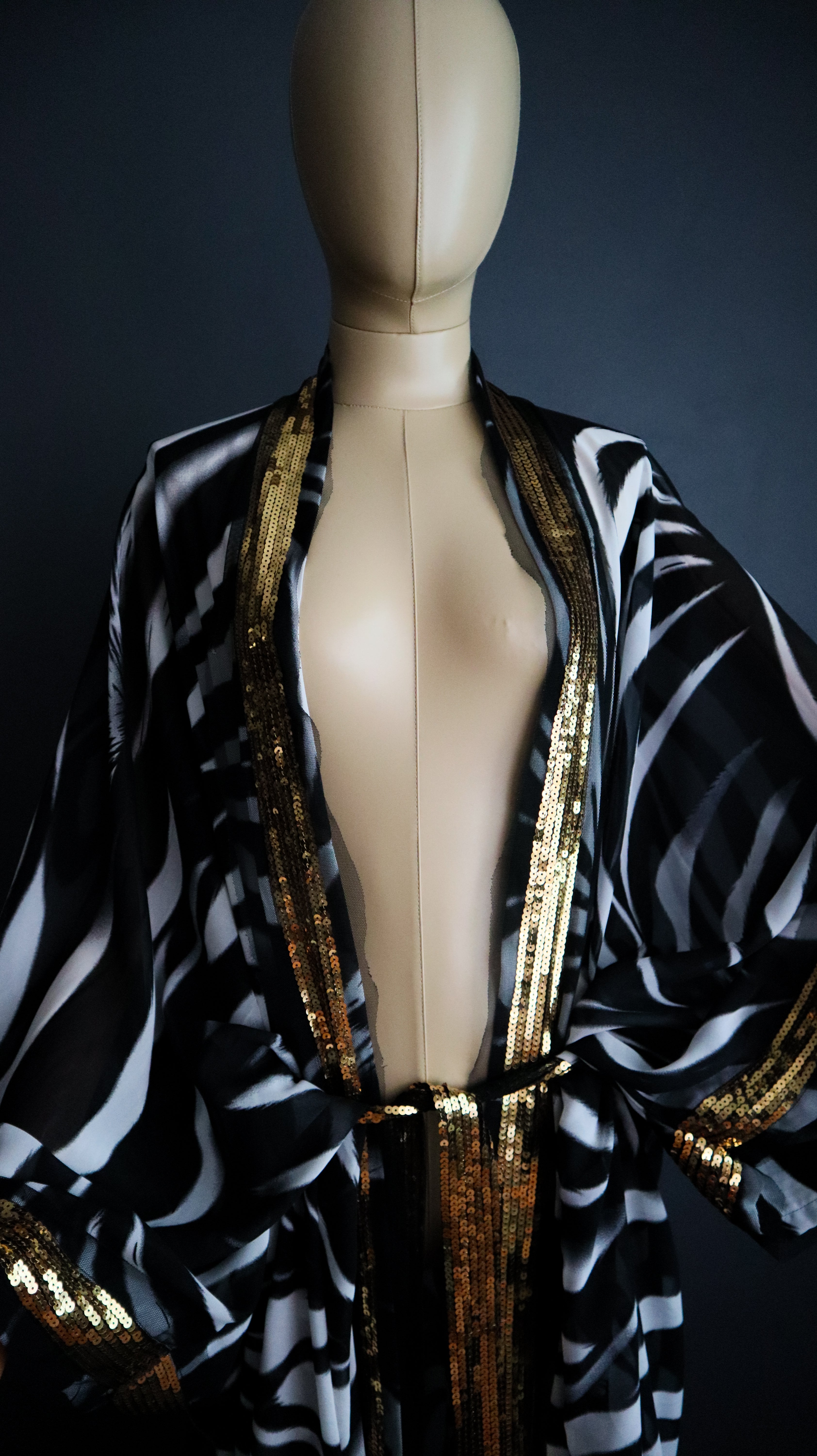 ZEBRA MESH KIMONO W/ GOLD SEQUIN TRIM