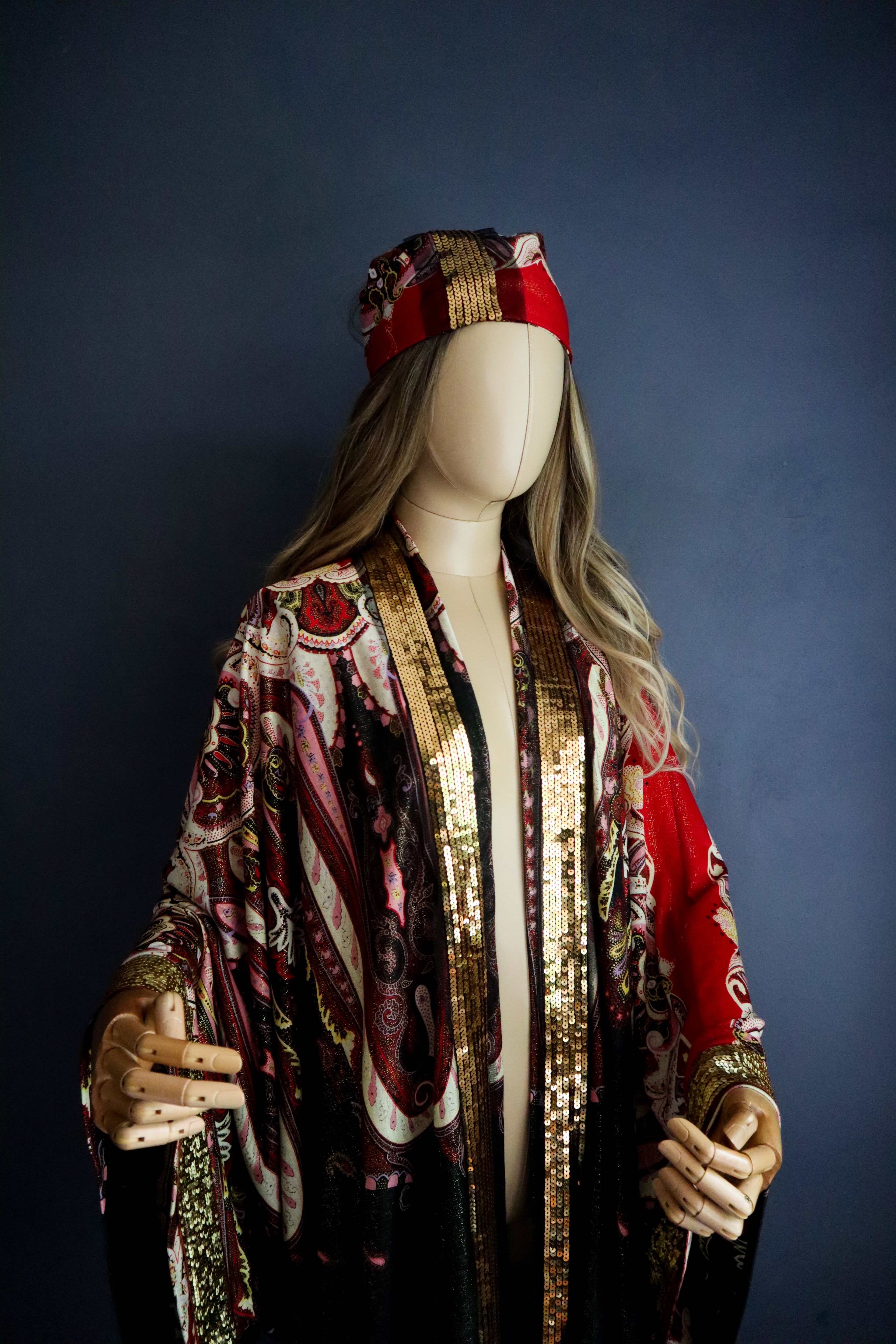 PAISLEY GYPSY KIMONO W/ BANDANA PANEL + GOLD SEQUIN TRIM