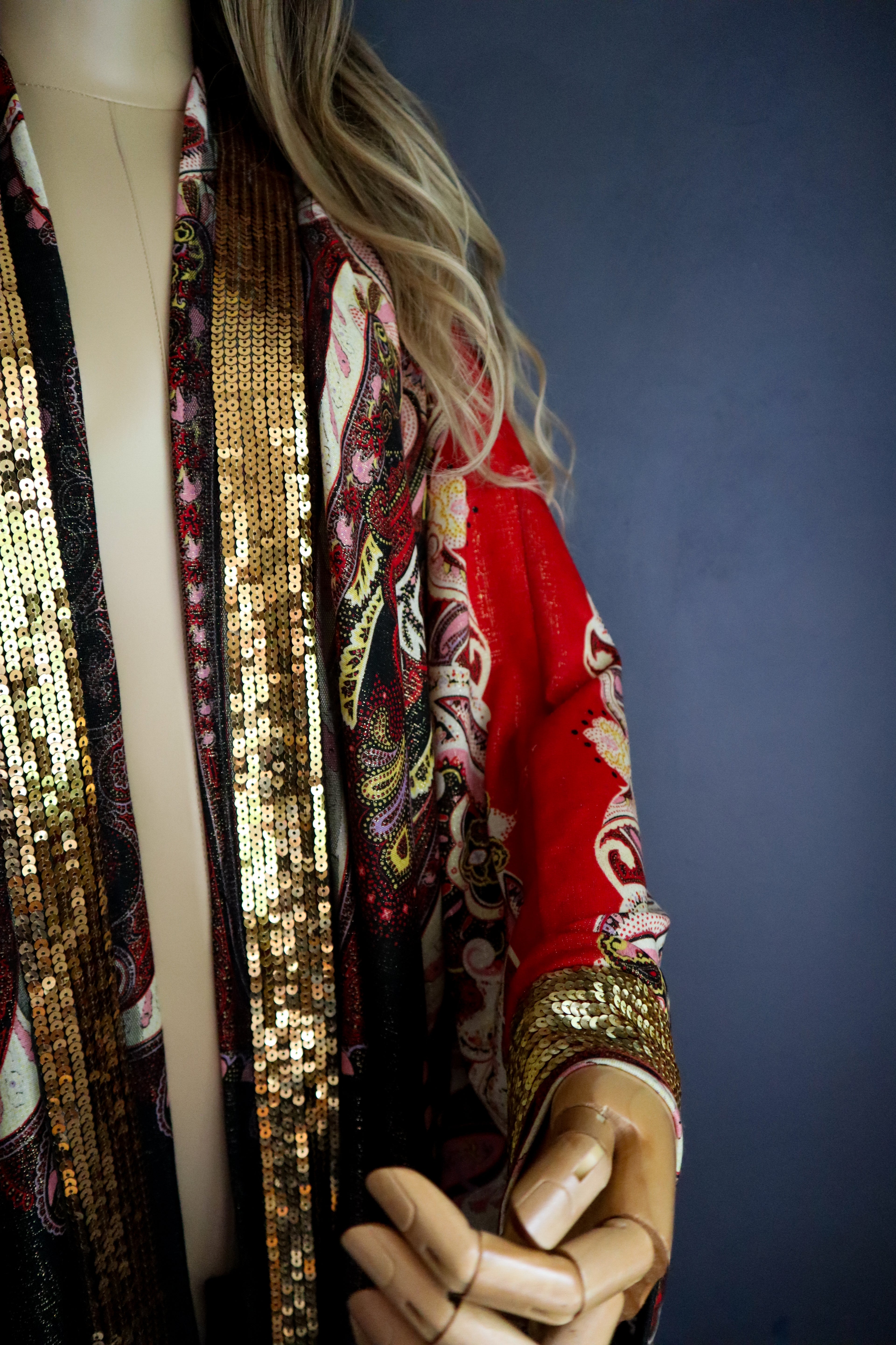 PAISLEY GYPSY KIMONO W/ BANDANA PANEL + GOLD SEQUIN TRIM