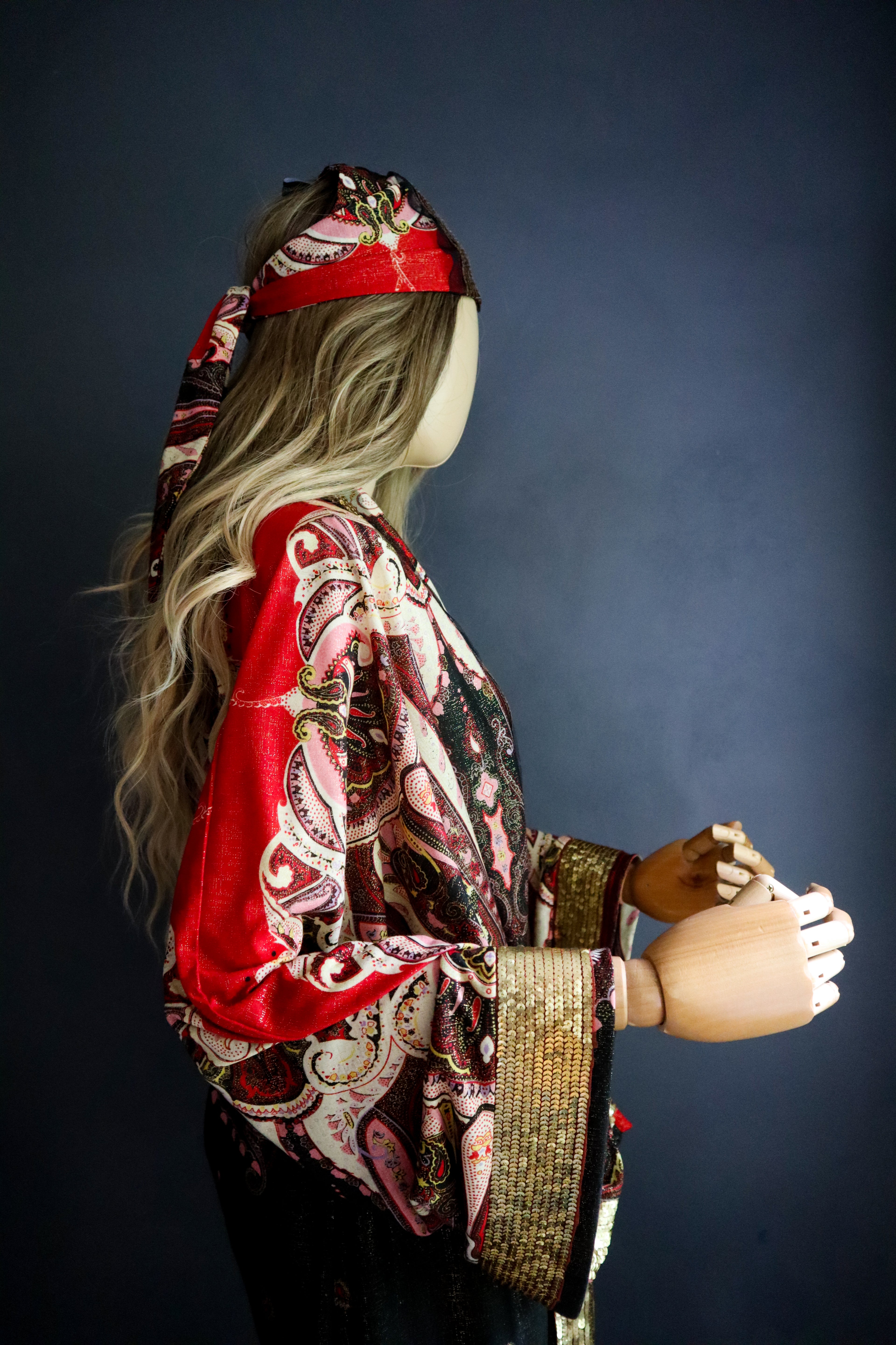 PAISLEY GYPSY KIMONO W/ BANDANA PANEL + GOLD SEQUIN TRIM