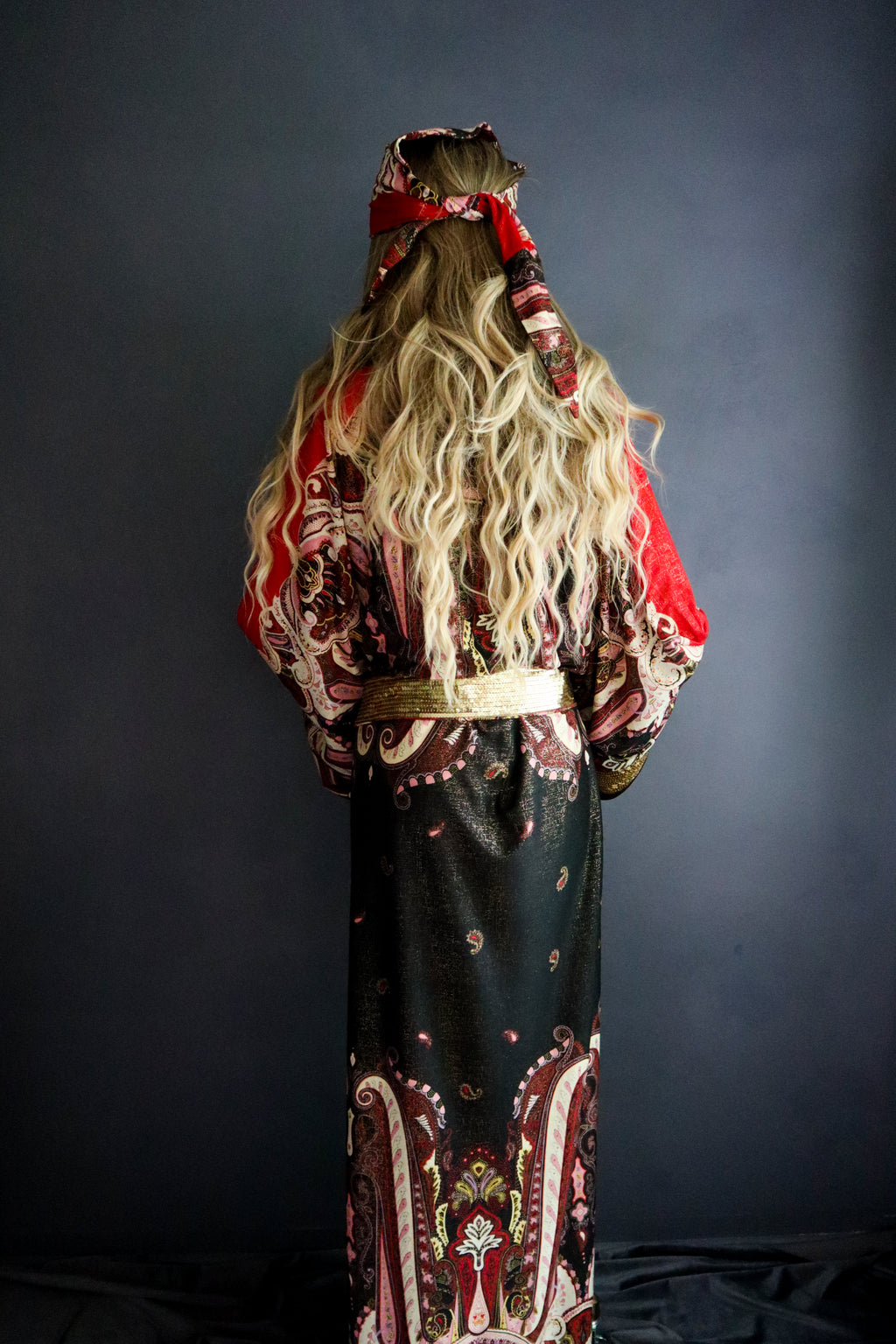 PAISLEY GYPSY KIMONO W/ BANDANA PANEL + GOLD SEQUIN TRIM