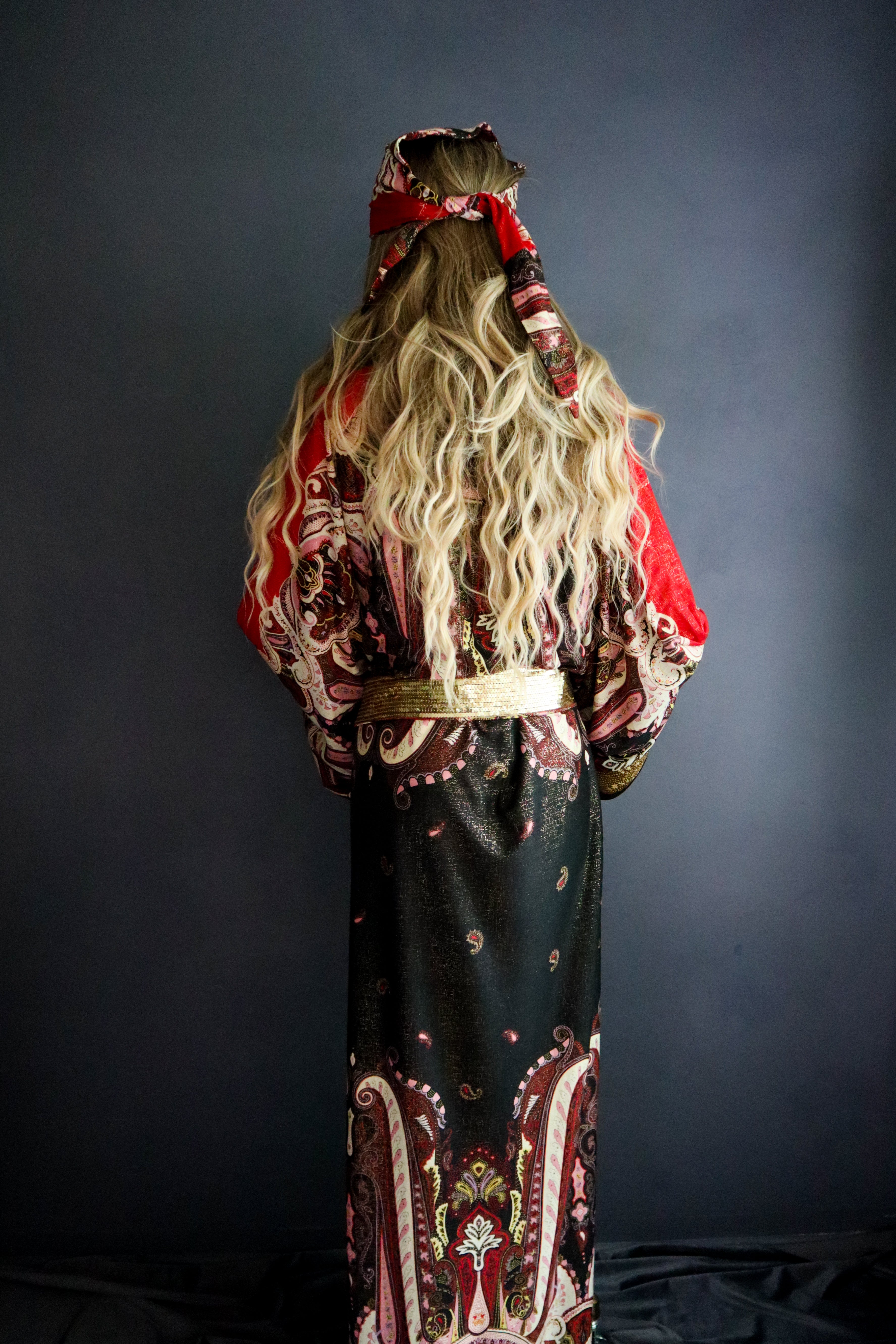 PAISLEY GYPSY KIMONO W/ BANDANA PANEL + GOLD SEQUIN TRIM