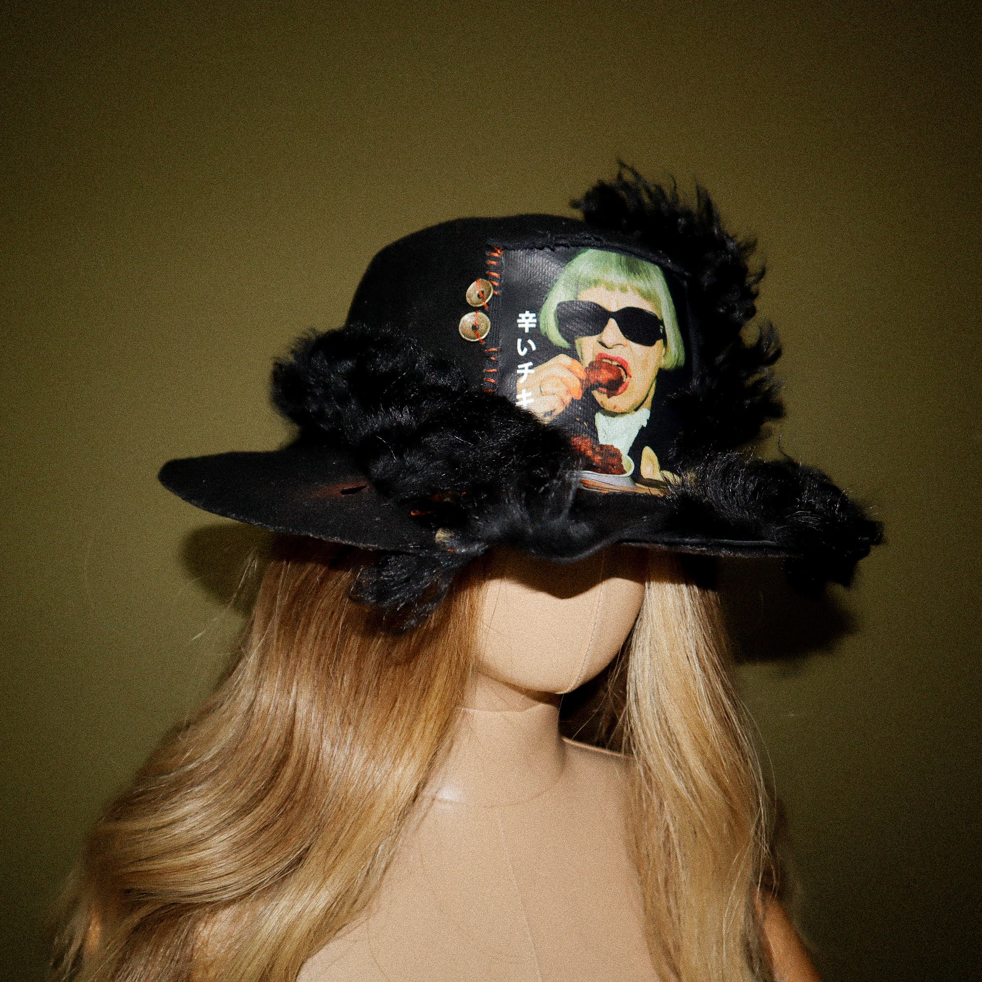 WOOL HAT W/ “FRIED CHICKEN” PATCH, REAL FUR + GRANDMA GRAPHIC