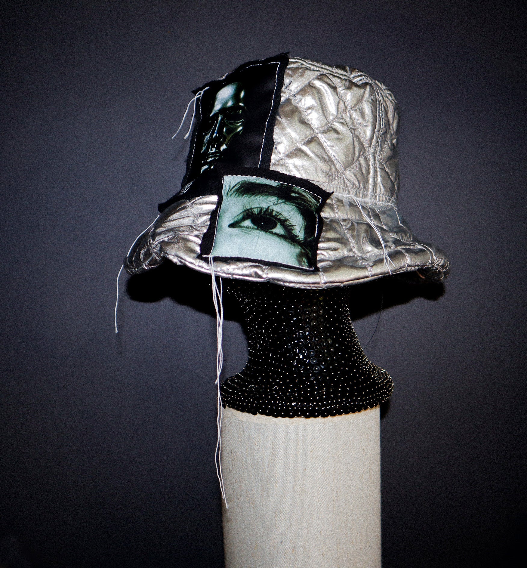 SILVER PUFF BUCKET HAT W/ EYE GRAPHICS