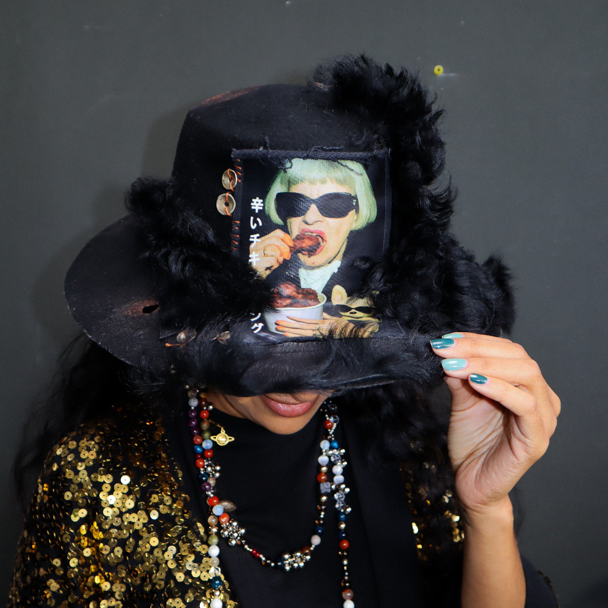 WOOL HAT W/ “FRIED CHICKEN” PATCH, REAL FUR + GRANDMA GRAPHIC