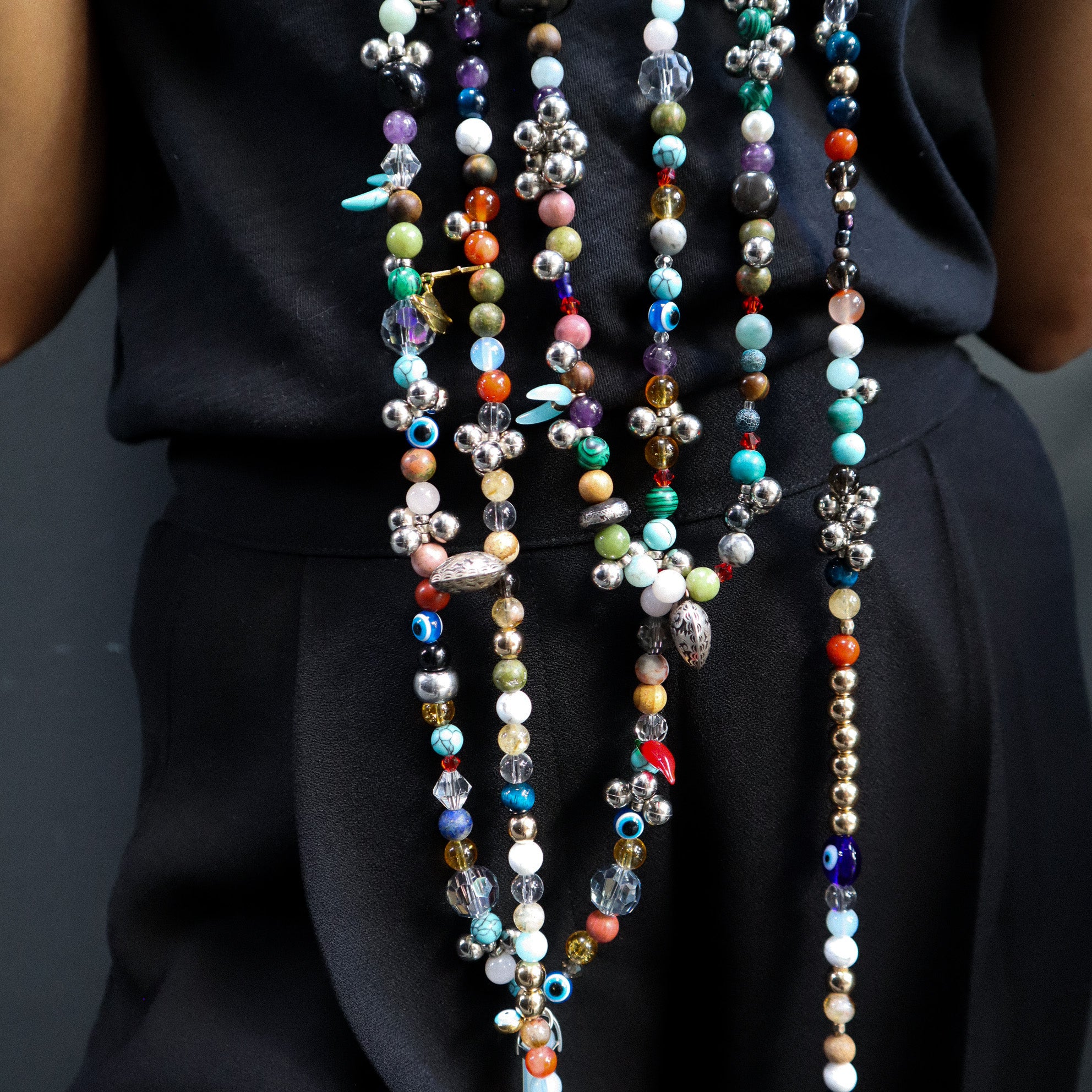 4 LONG CRYSTAL NECKLACES MADE WITH NATURAL STONES