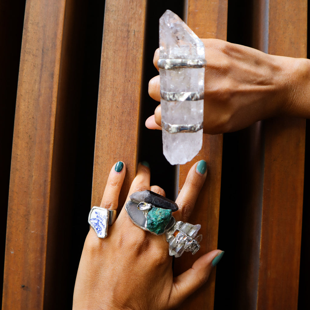 GIANT CRYSTAL RING HAND SOLDERED - ADJUSTABLE SIZE
