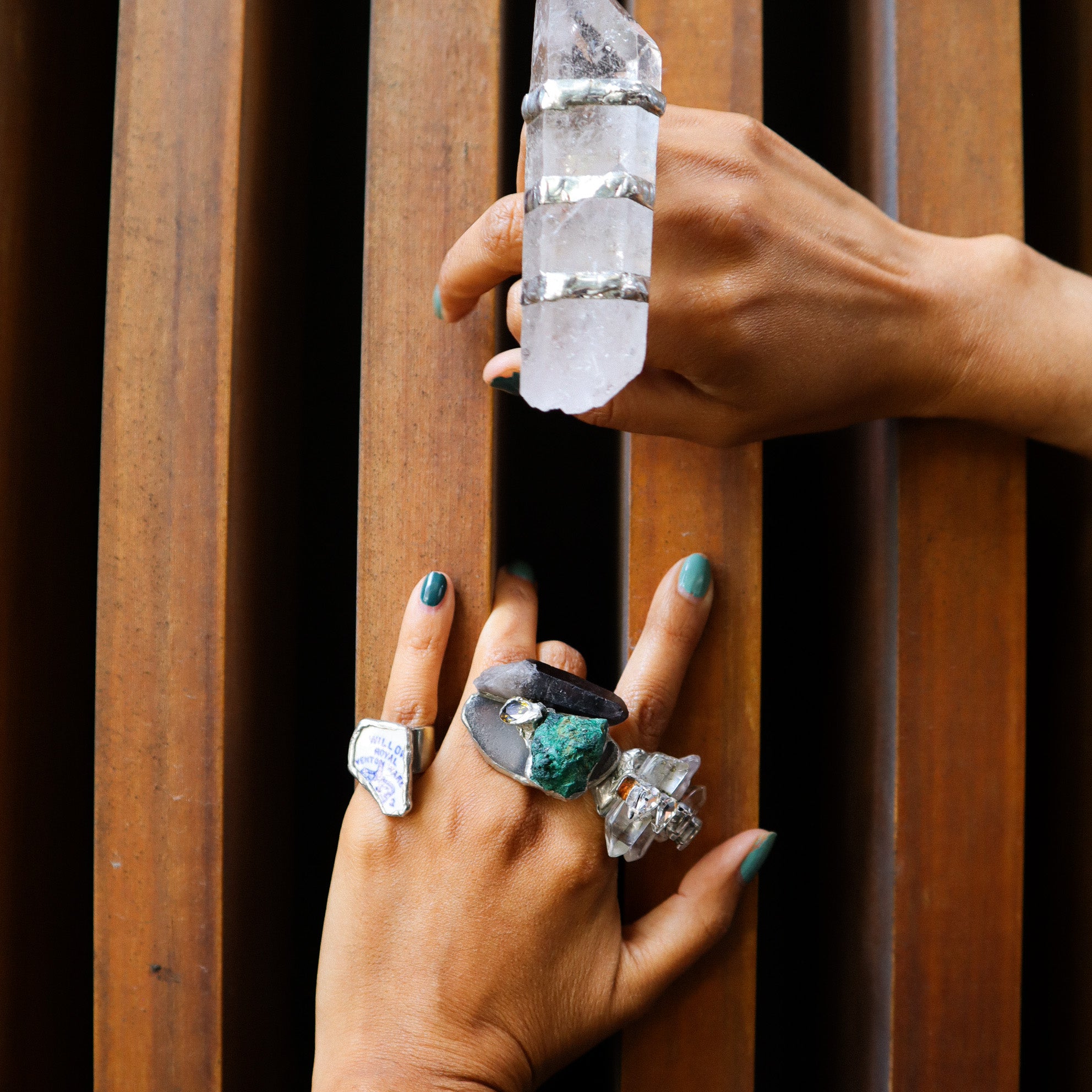 GIANT CRYSTAL RING HAND SOLDERED - ADJUSTABLE SIZE