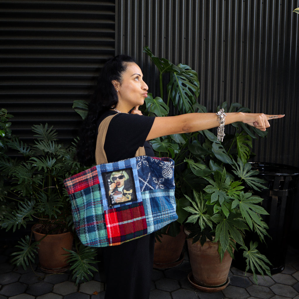 HAND-QUILTED SASHIKO HANDBAG — COOL GRANDMA PRINT