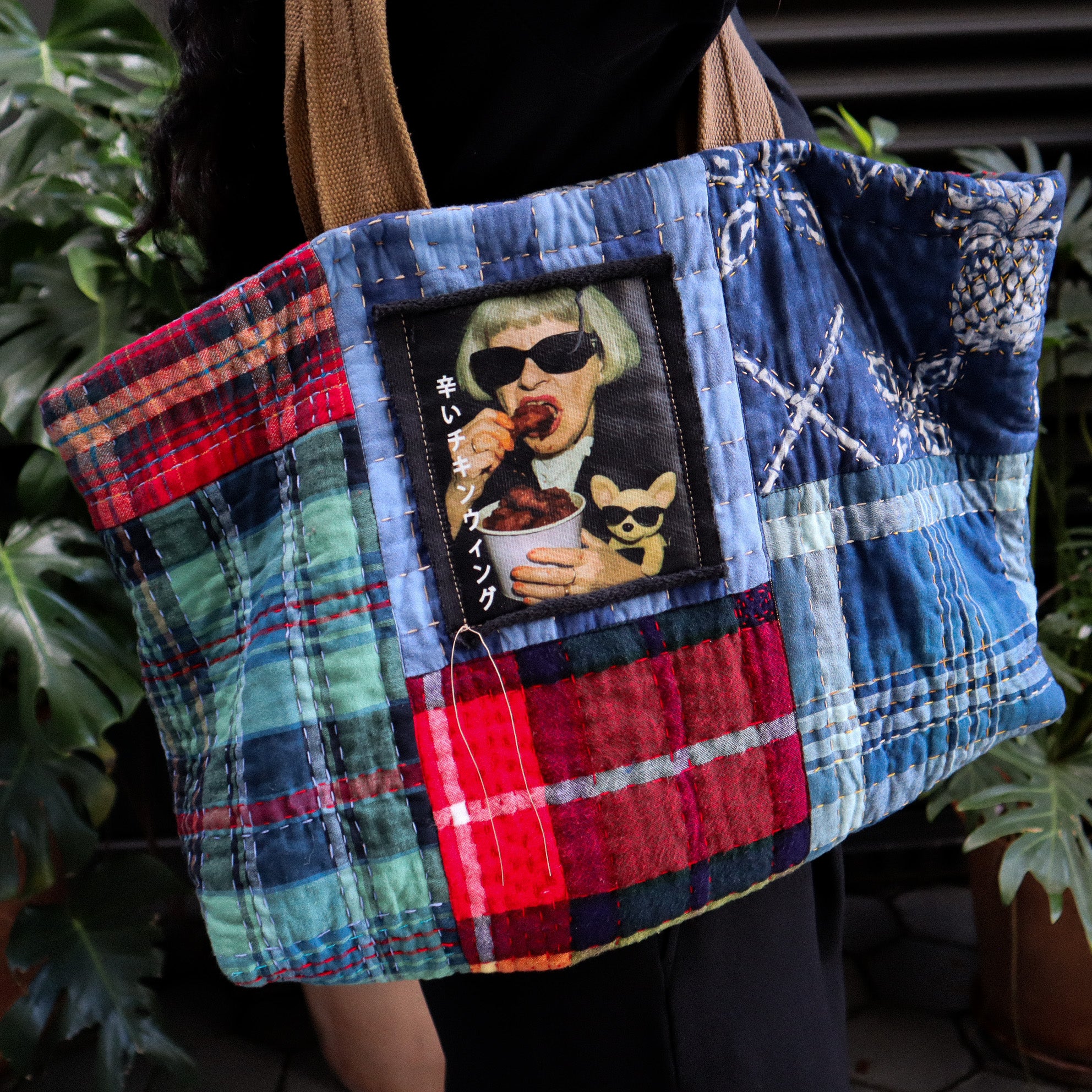 HAND-QUILTED SASHIKO HANDBAG — COOL GRANDMA PRINT