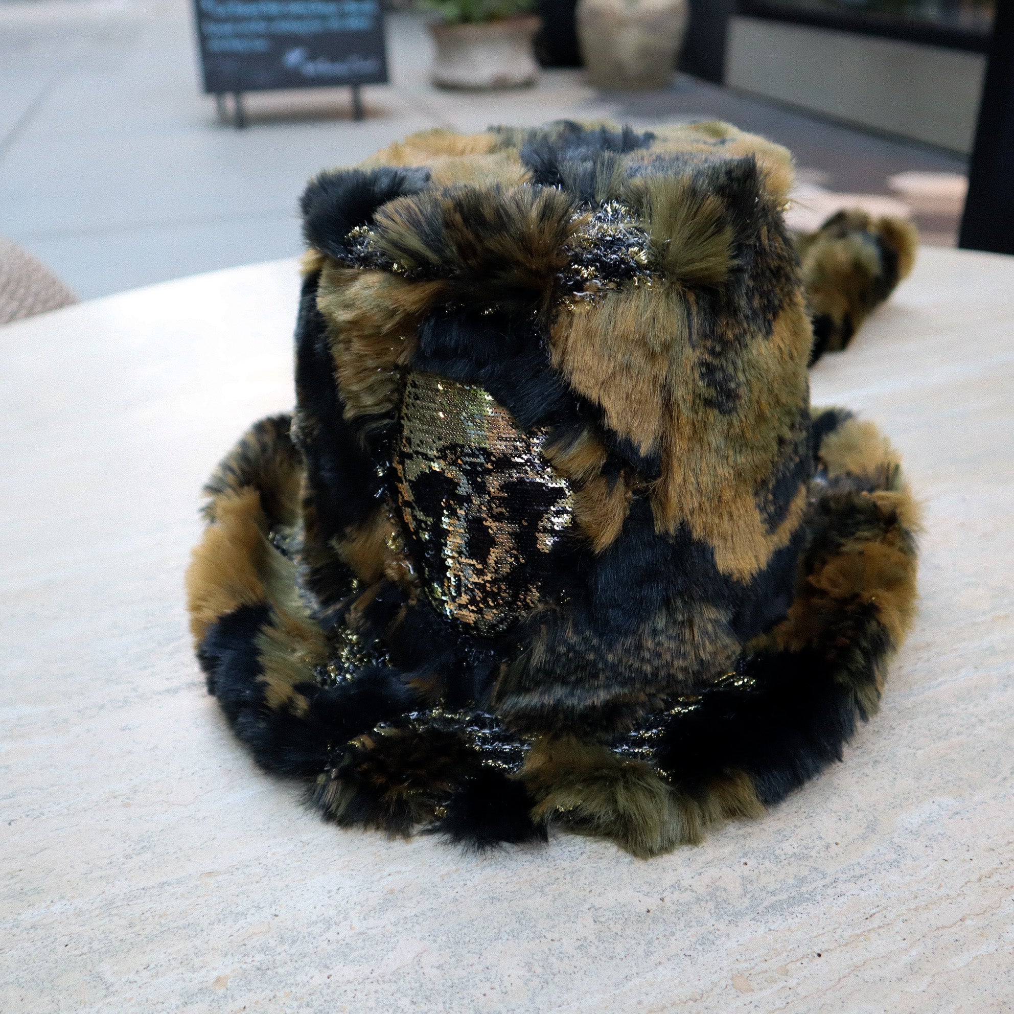 FAUX FUR MILITARY PRINT TOP HAT W/ SEQUIN SKULL + ATTACHED TAILS
