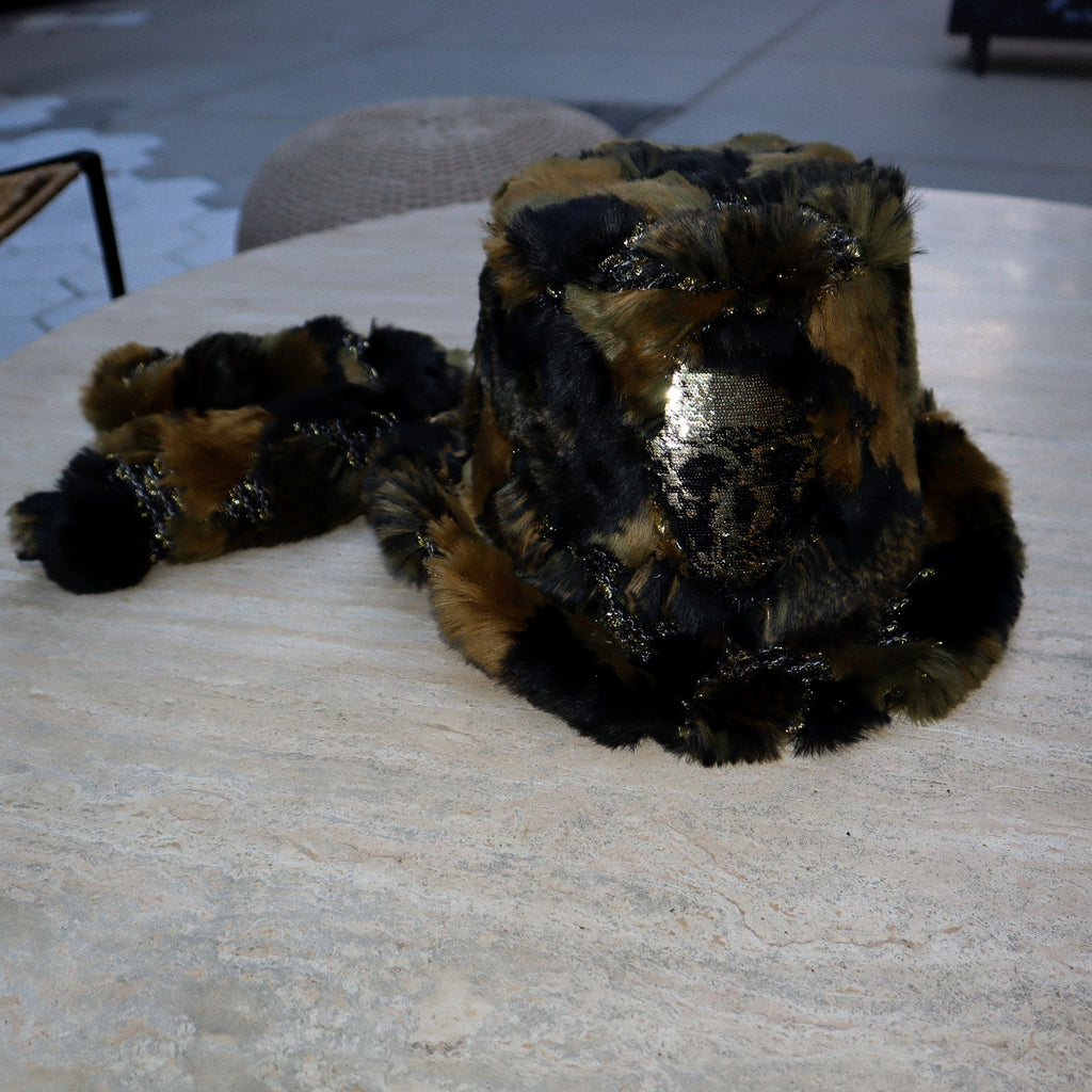 FAUX FUR MILITARY PRINT TOP HAT W/ SEQUIN SKULL + ATTACHED TAILS