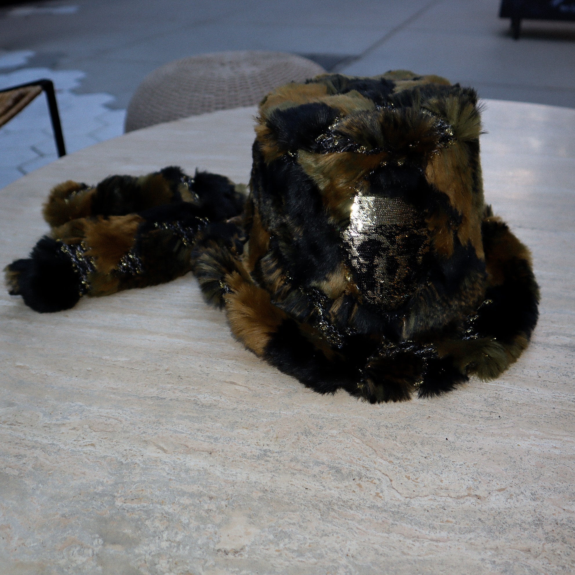 FAUX FUR MILITARY PRINT TOP HAT W/ SEQUIN SKULL + ATTACHED TAILS