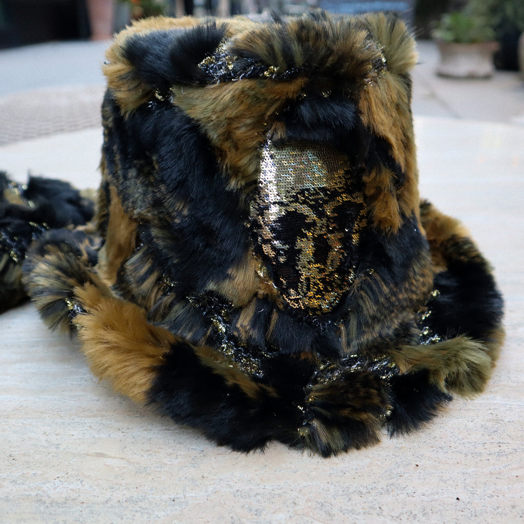 FAUX FUR MILITARY PRINT TOP HAT W/ SEQUIN SKULL + ATTACHED TAILS