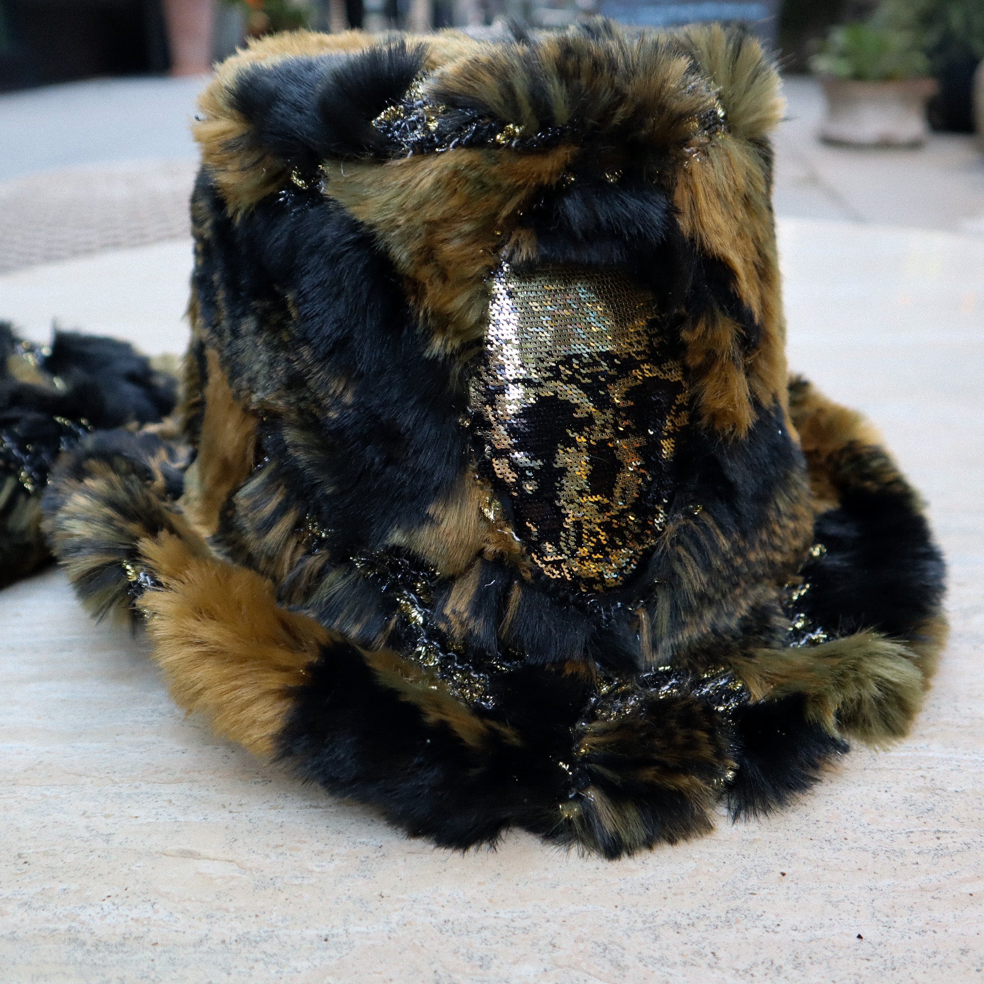FAUX FUR MILITARY PRINT TOP HAT W/ SEQUIN SKULL + ATTACHED TAILS