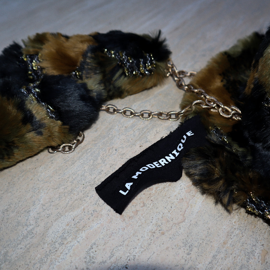 FAUX FUR MILITARY PRINT TOP HAT W/ SEQUIN SKULL + ATTACHED TAILS