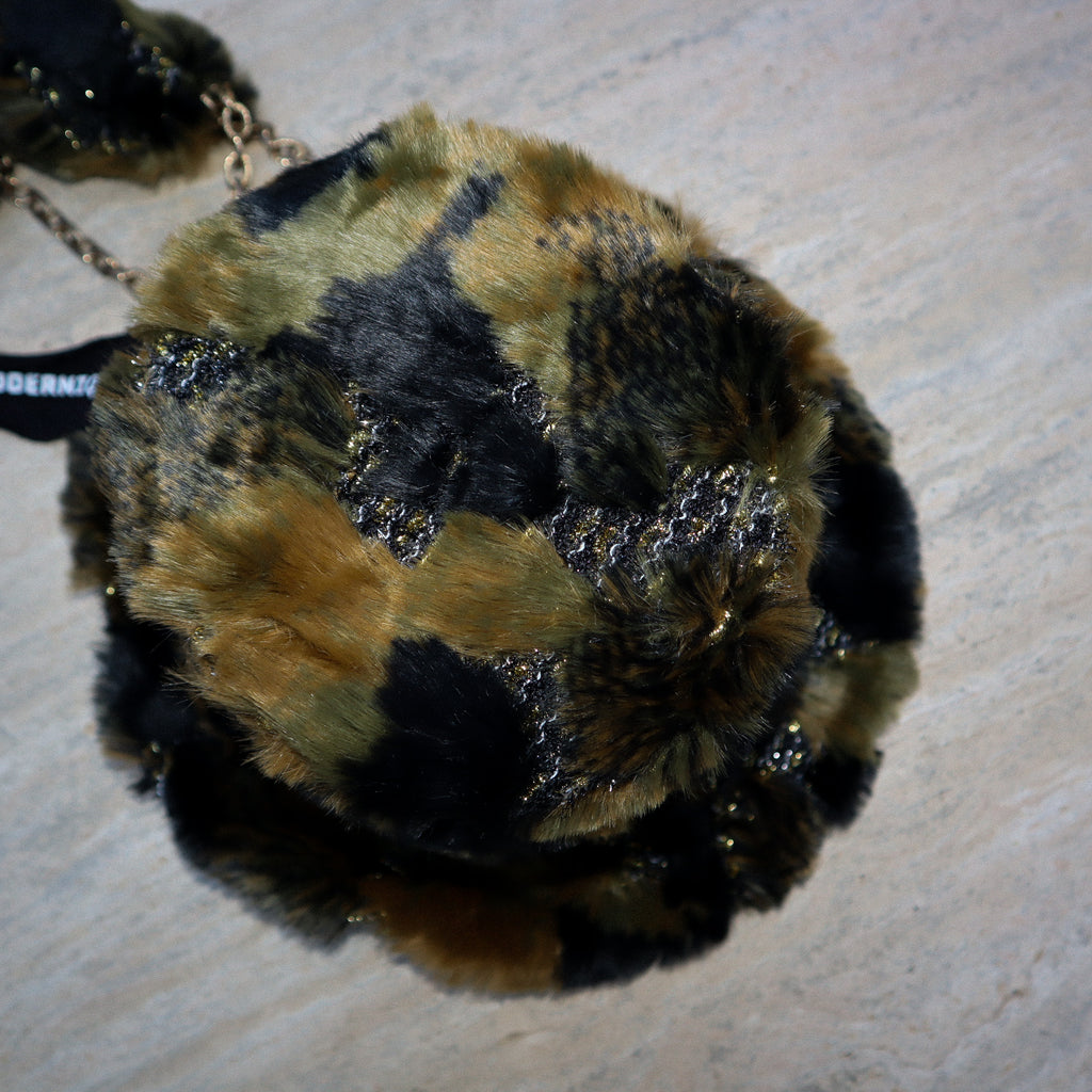 FAUX FUR MILITARY PRINT TOP HAT W/ SEQUIN SKULL + ATTACHED TAILS