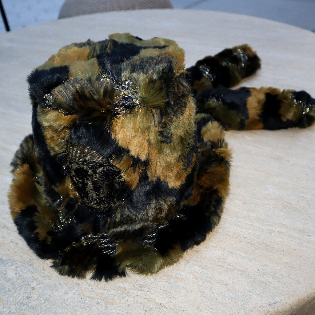 FAUX FUR MILITARY PRINT TOP HAT W/ SEQUIN SKULL + ATTACHED TAILS