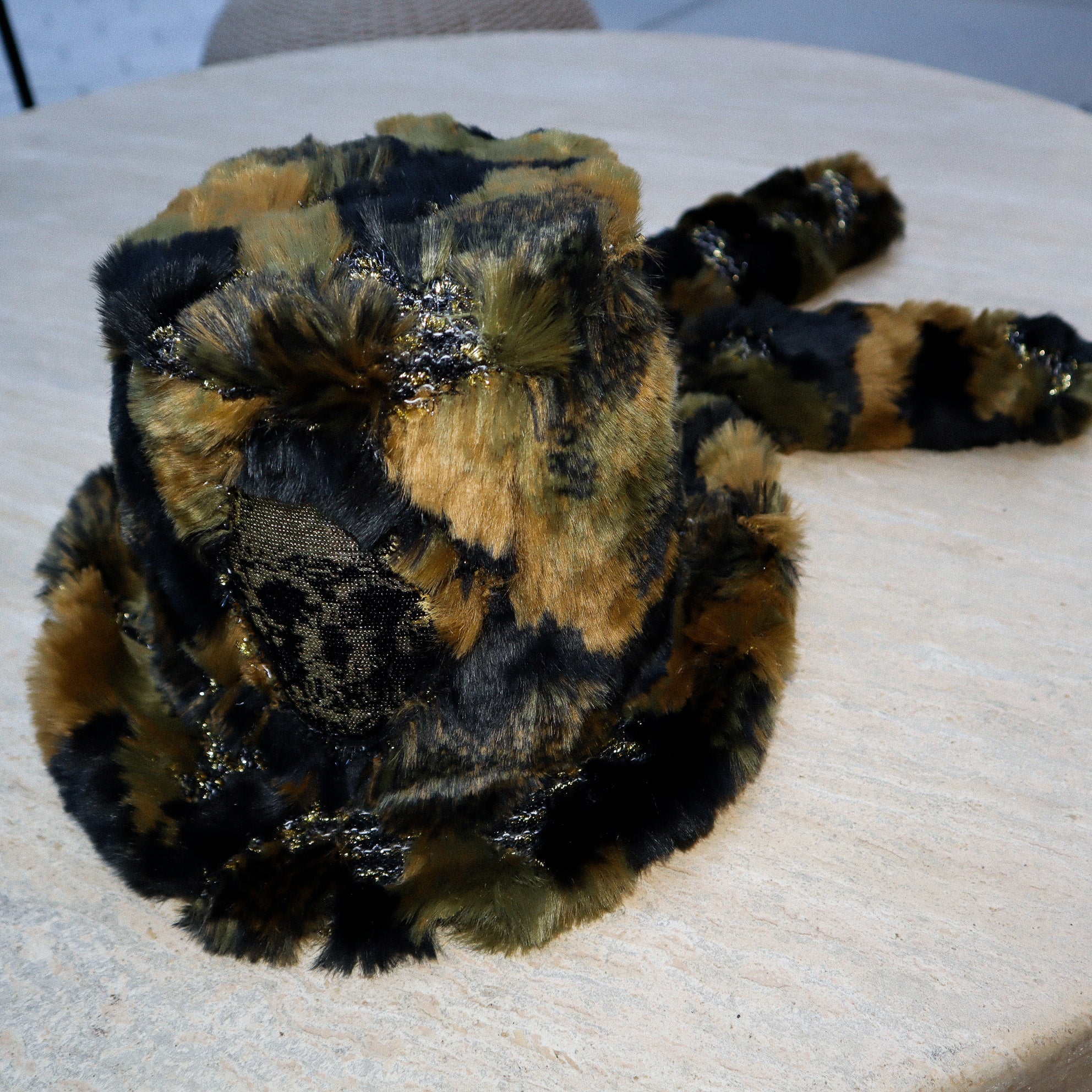 FAUX FUR MILITARY PRINT TOP HAT W/ SEQUIN SKULL + ATTACHED TAILS