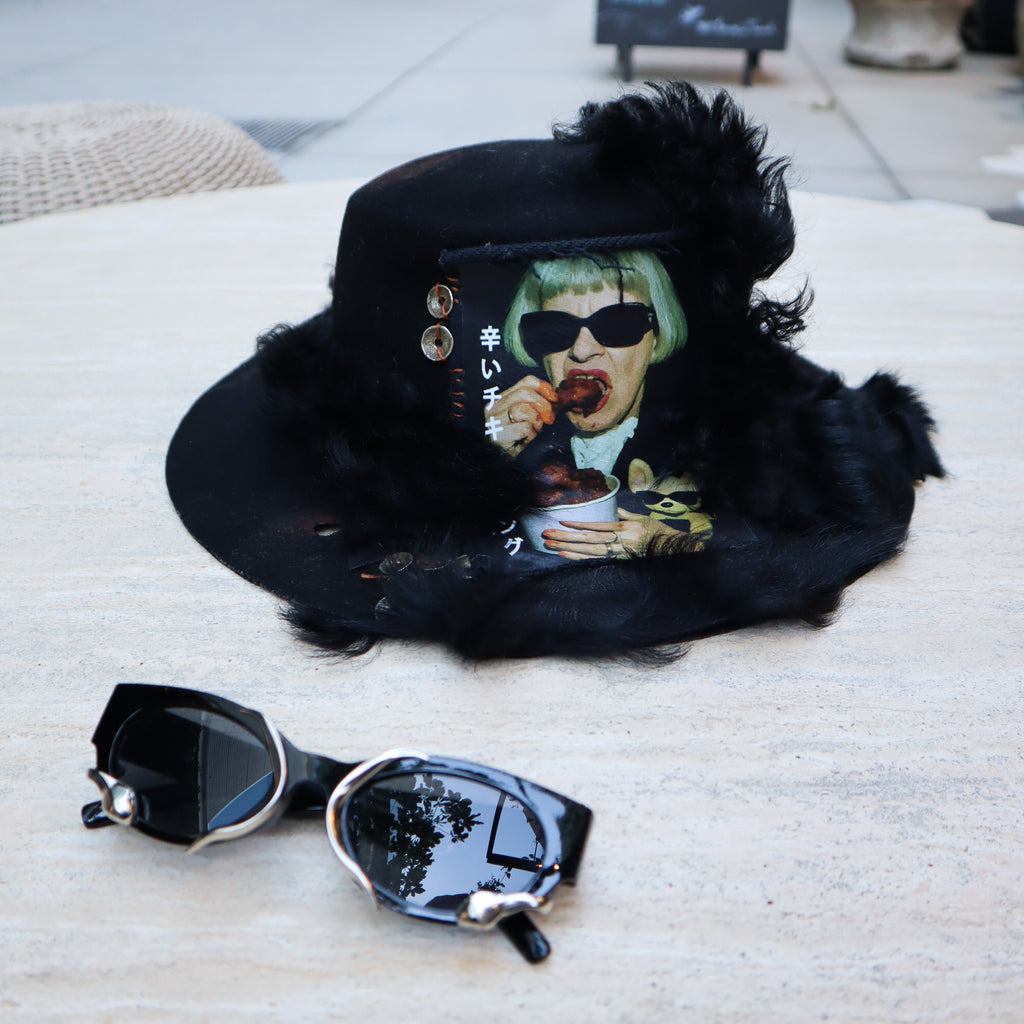WOOL HAT W/ “FRIED CHICKEN” PATCH, REAL FUR + GRANDMA GRAPHIC