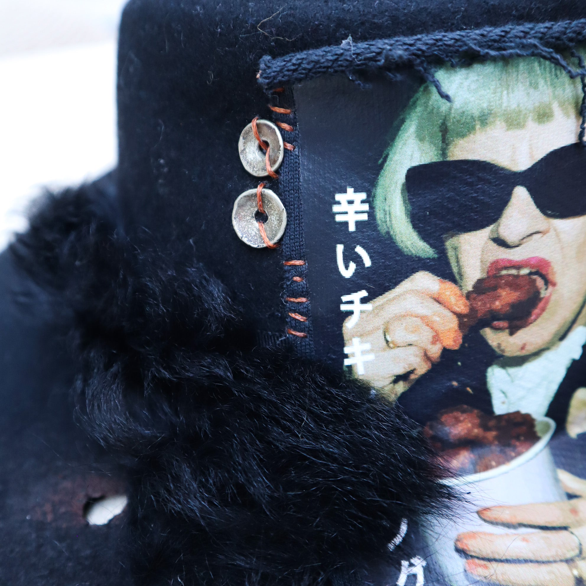 WOOL HAT W/ “FRIED CHICKEN” PATCH, REAL FUR + GRANDMA GRAPHIC