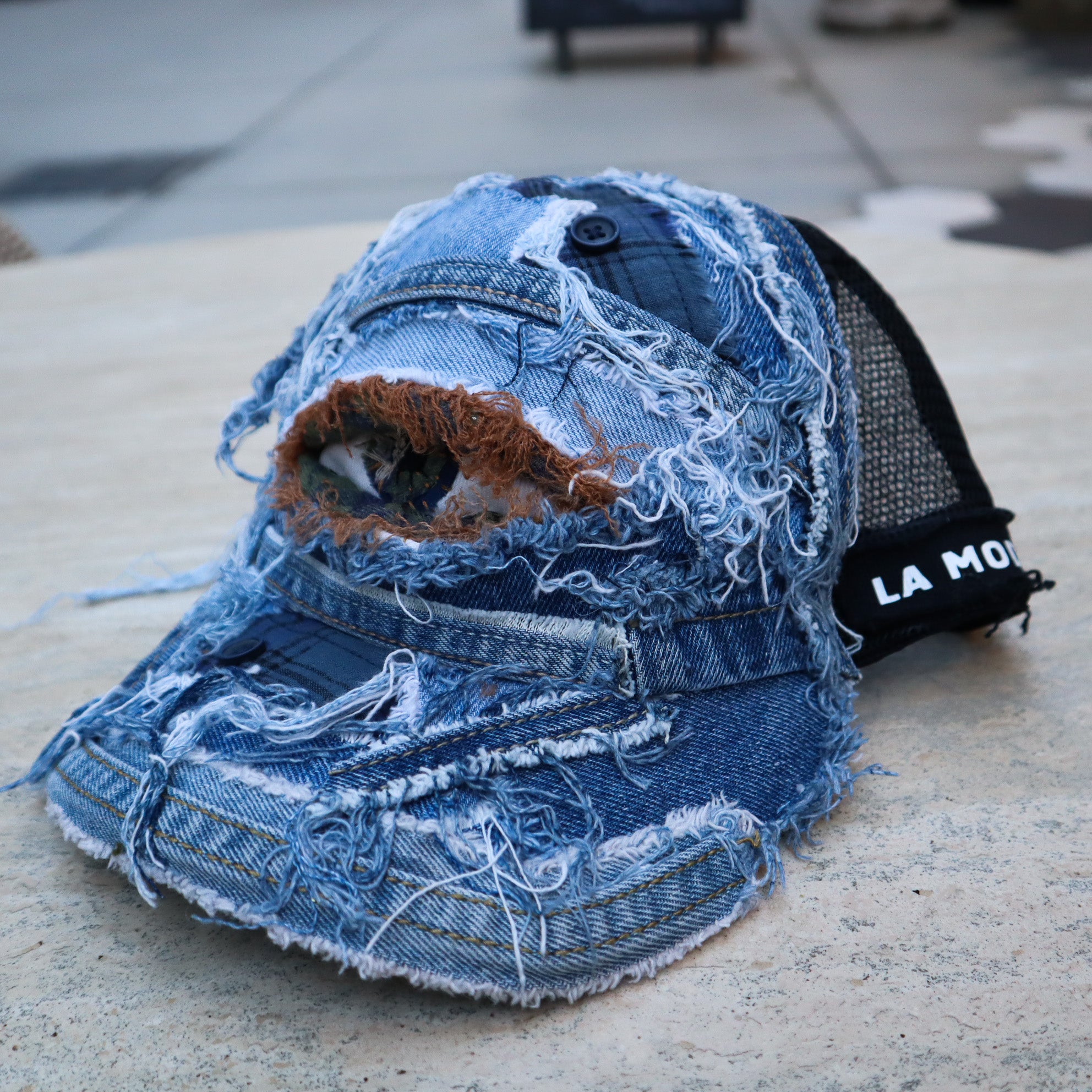 HAND-FRAYED DENIM CAP W/ MESH BACK