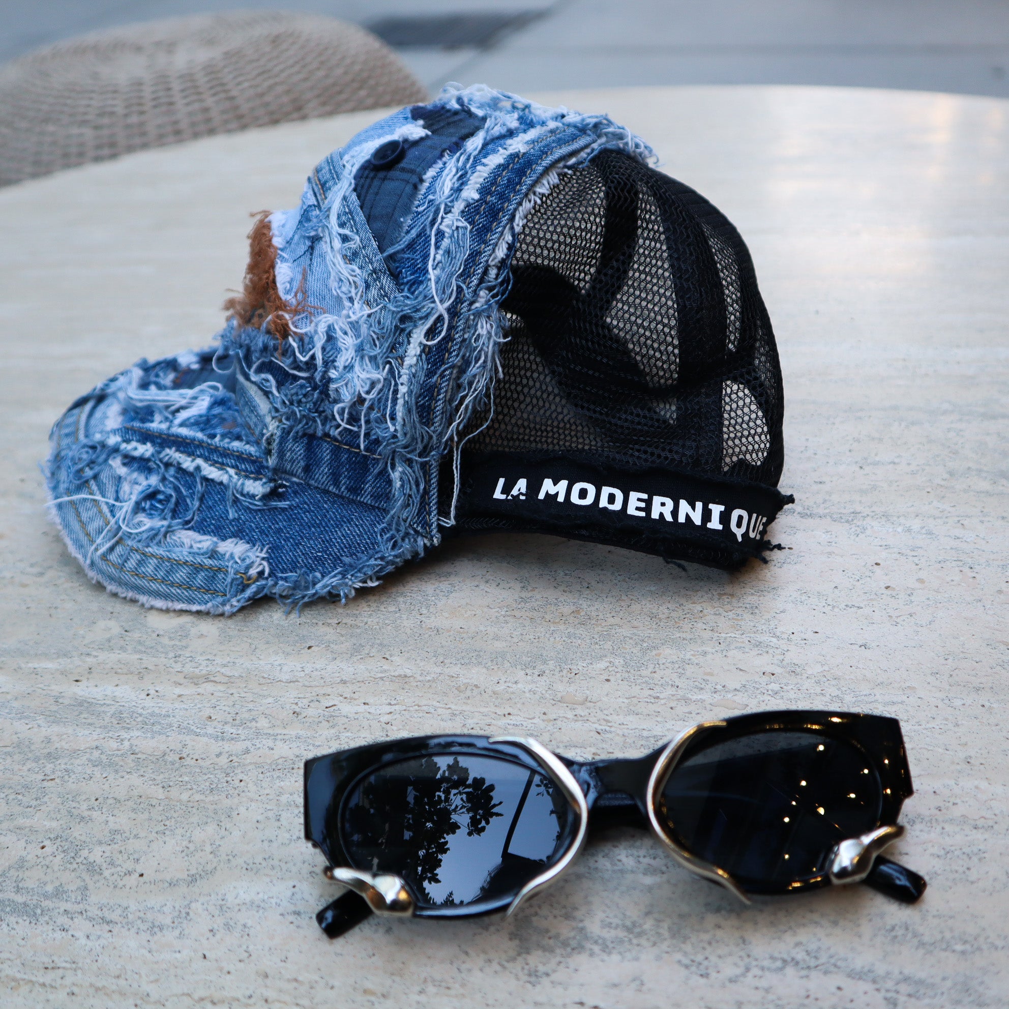 HAND-FRAYED DENIM CAP W/ MESH BACK