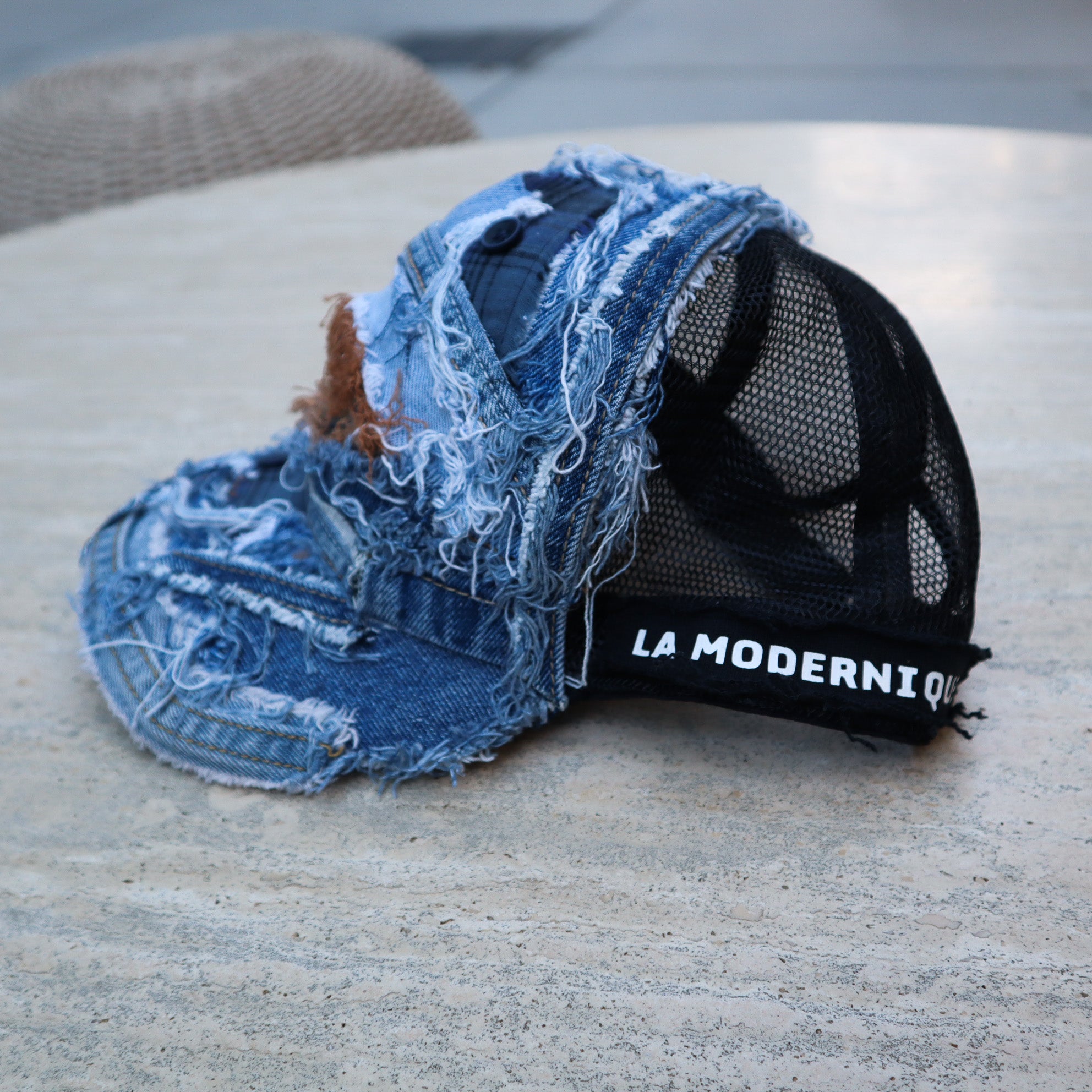HAND-FRAYED DENIM CAP W/ MESH BACK