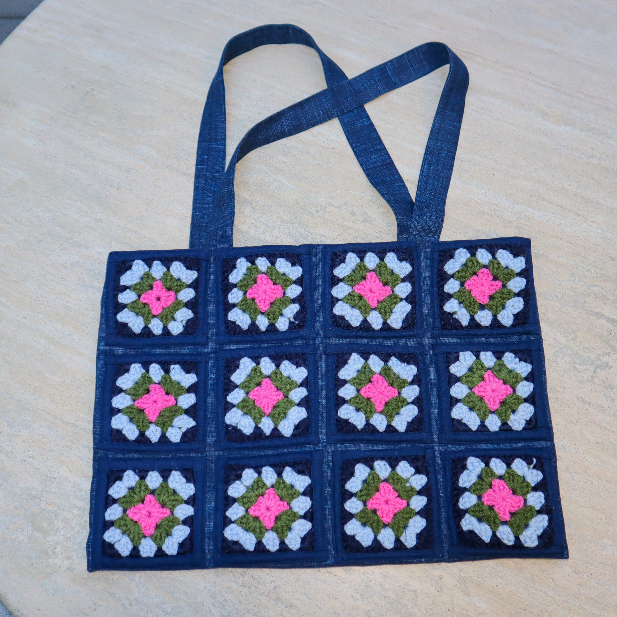 NAVY LINEN HANDBAG W/ HAND-CROCHET SQUARES